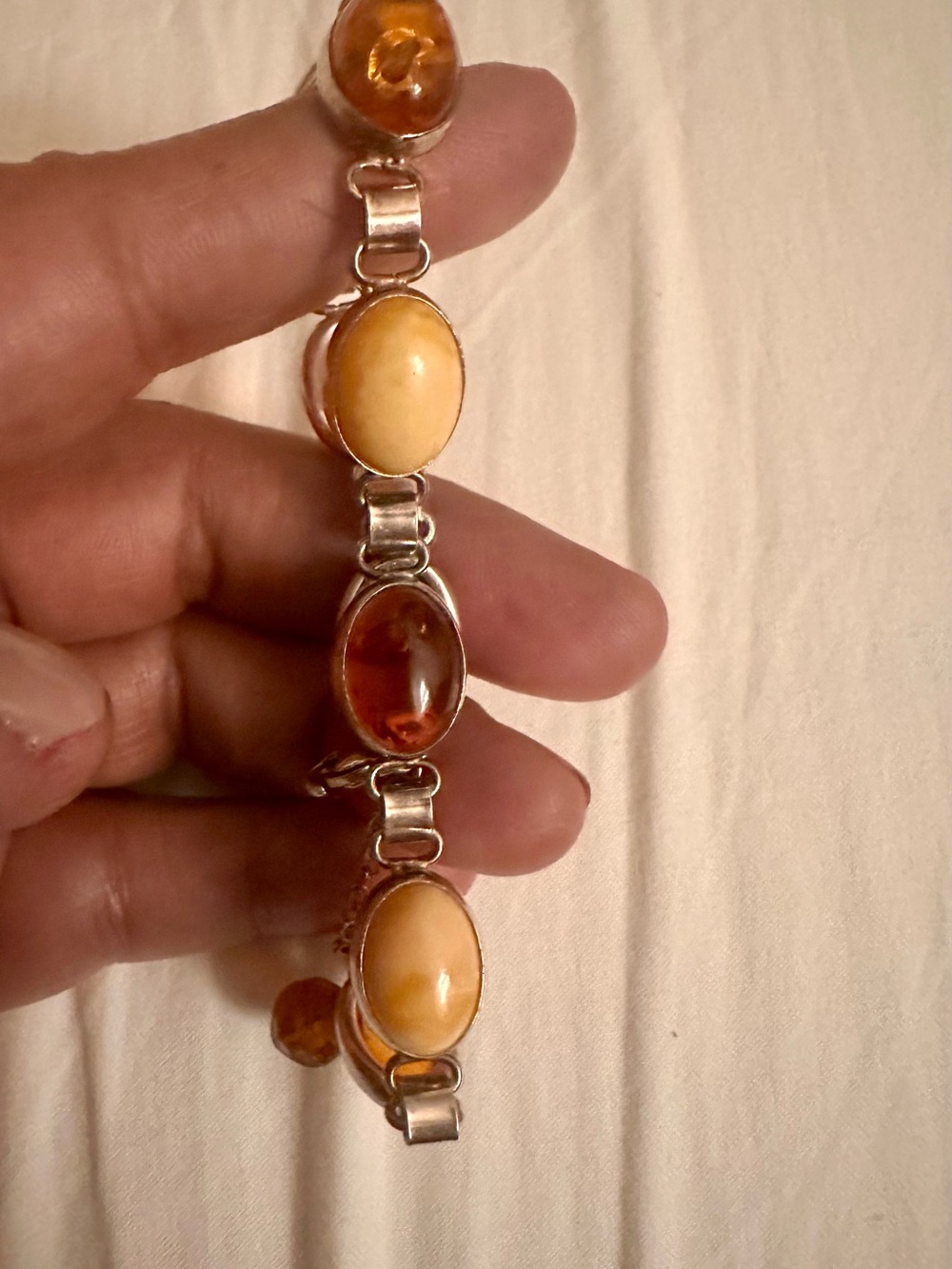 Vintage Sterling Silver Multicolor Amber Oval Link Bracelet